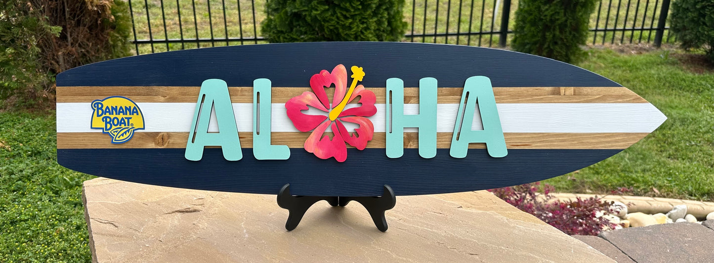 Hawaiian Tropic / Banana Boat ALOHA Surfboard Horizontal Sign (ACCOUNT REPS ONLY)